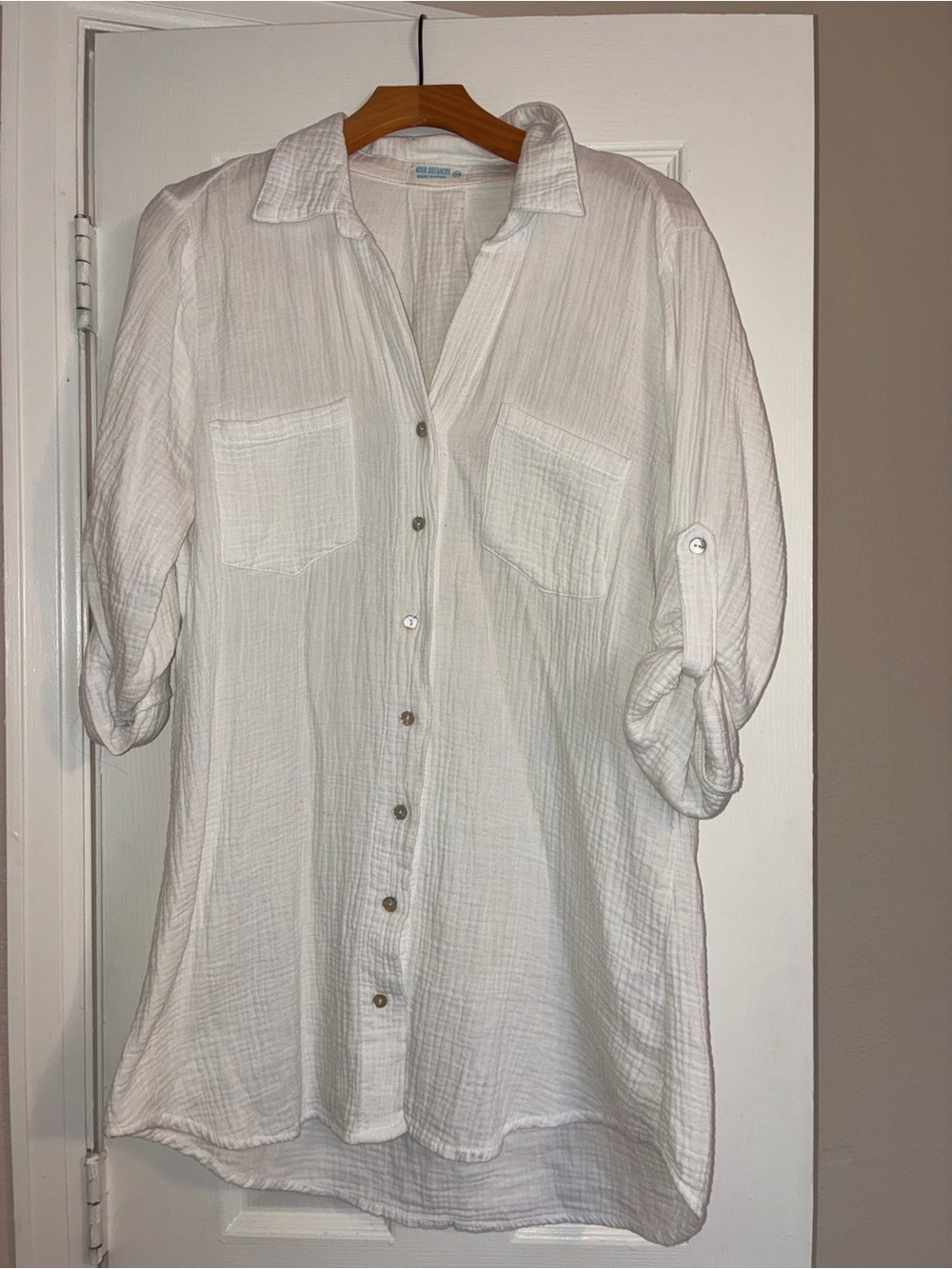 White Button-Front Gauze Tunic Shirt - Unbranded